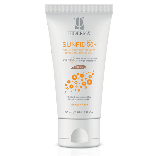 FIDERMA SUNFID SPF 50+ Obarvana krema za zaščito pred soncem – medium odtenek – za občutljivo kožo in poenoten ten za obraz, 50 ml