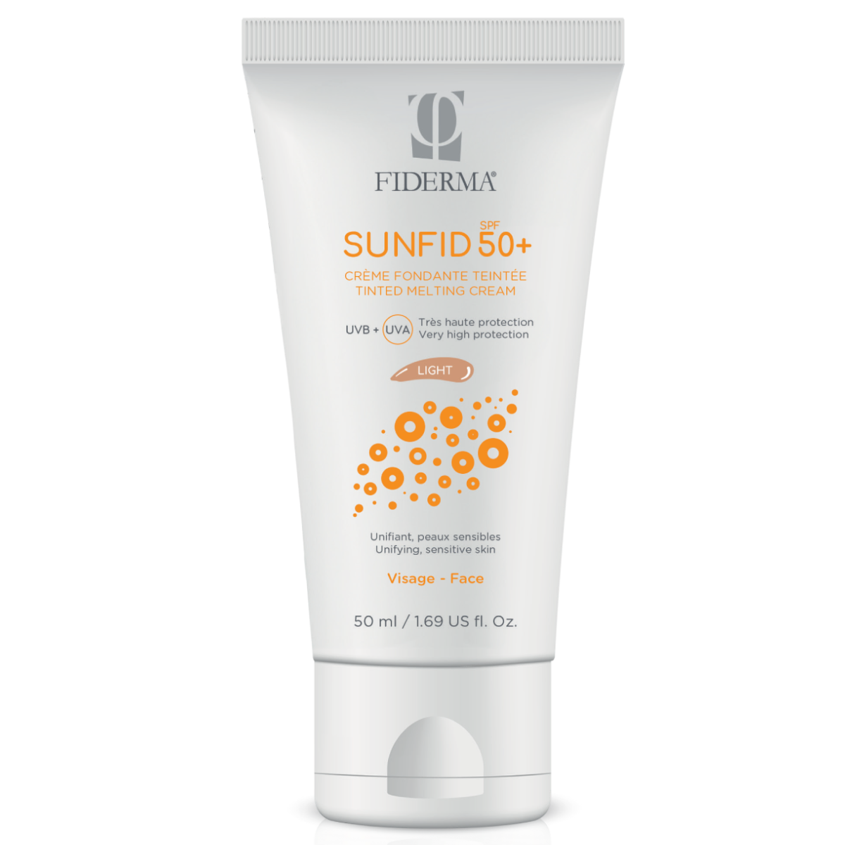 FIDERMA SUNFID SPF 50+ Obarvana krema za zaščito pred soncem – svetel odtenek – za občutljivo kožo in poenoten ten za obraz, 50 ml