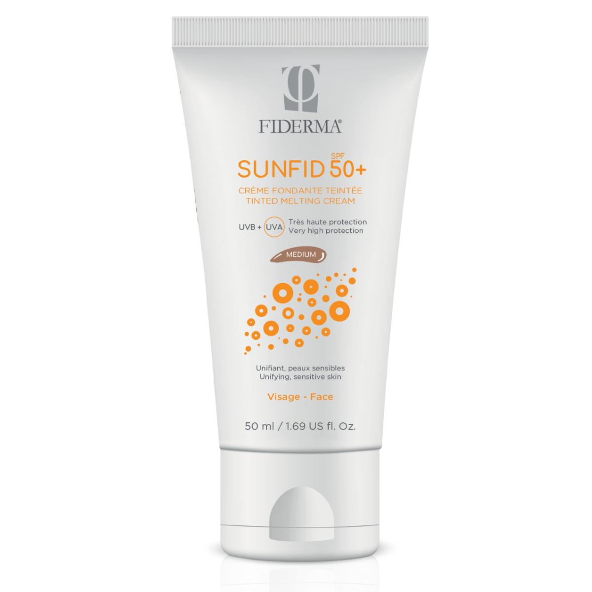 FIDERMA SUNFID SPF 50+ Obarvana krema za zaščito pred soncem – medium odtenek – za občutljivo kožo in poenoten ten za obraz, 50 ml